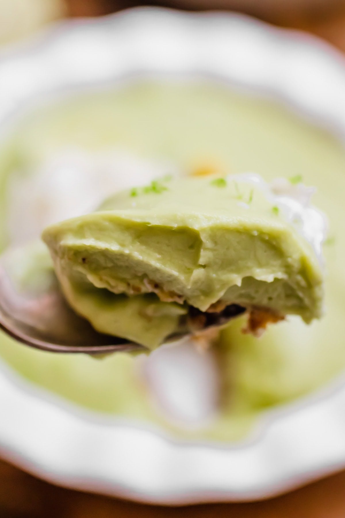 close up of a spoonful of pie