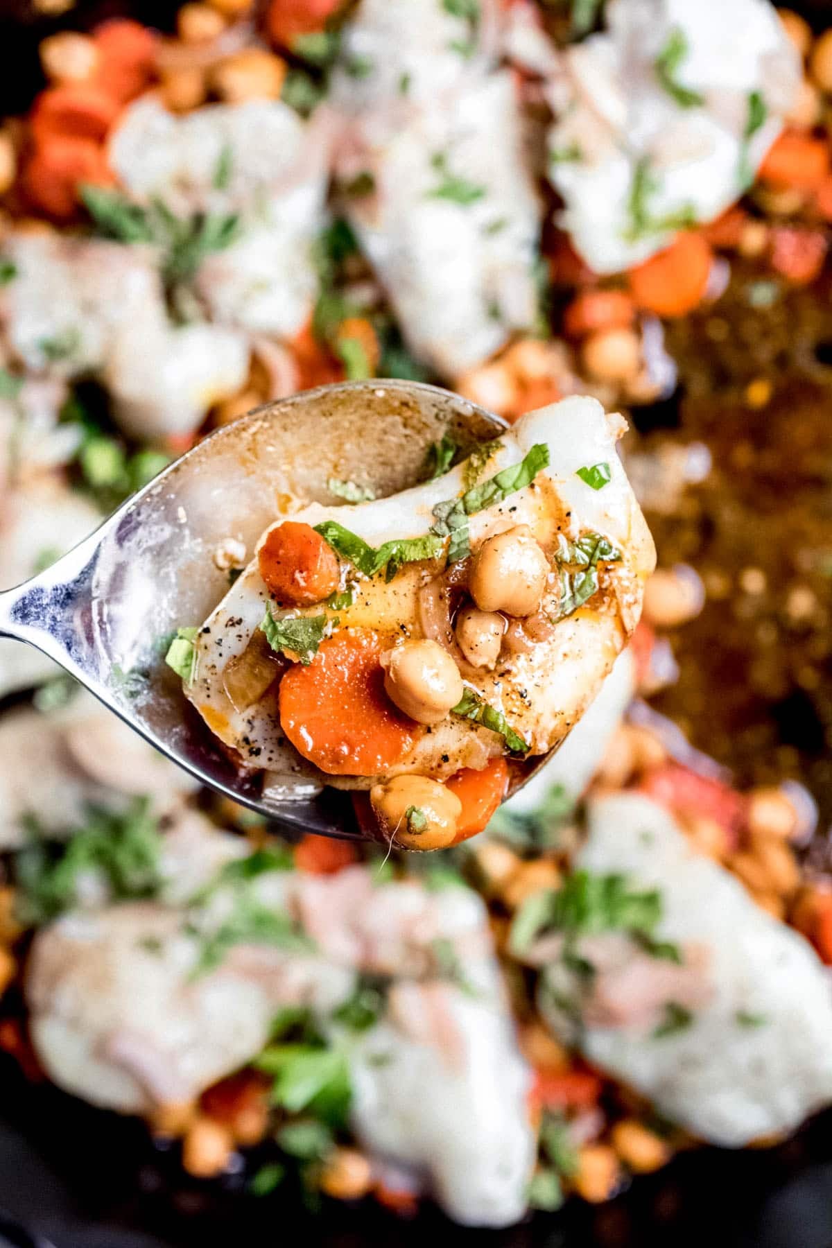 close up of a spoonful of halibut and veggies