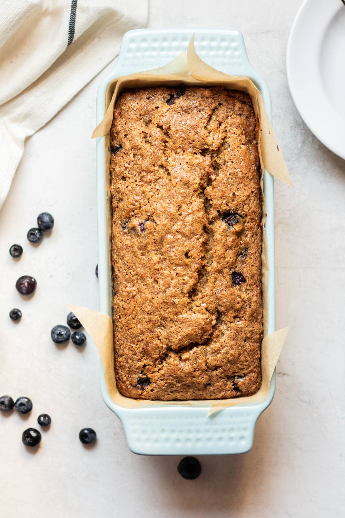 baked banana bread in baking dish
