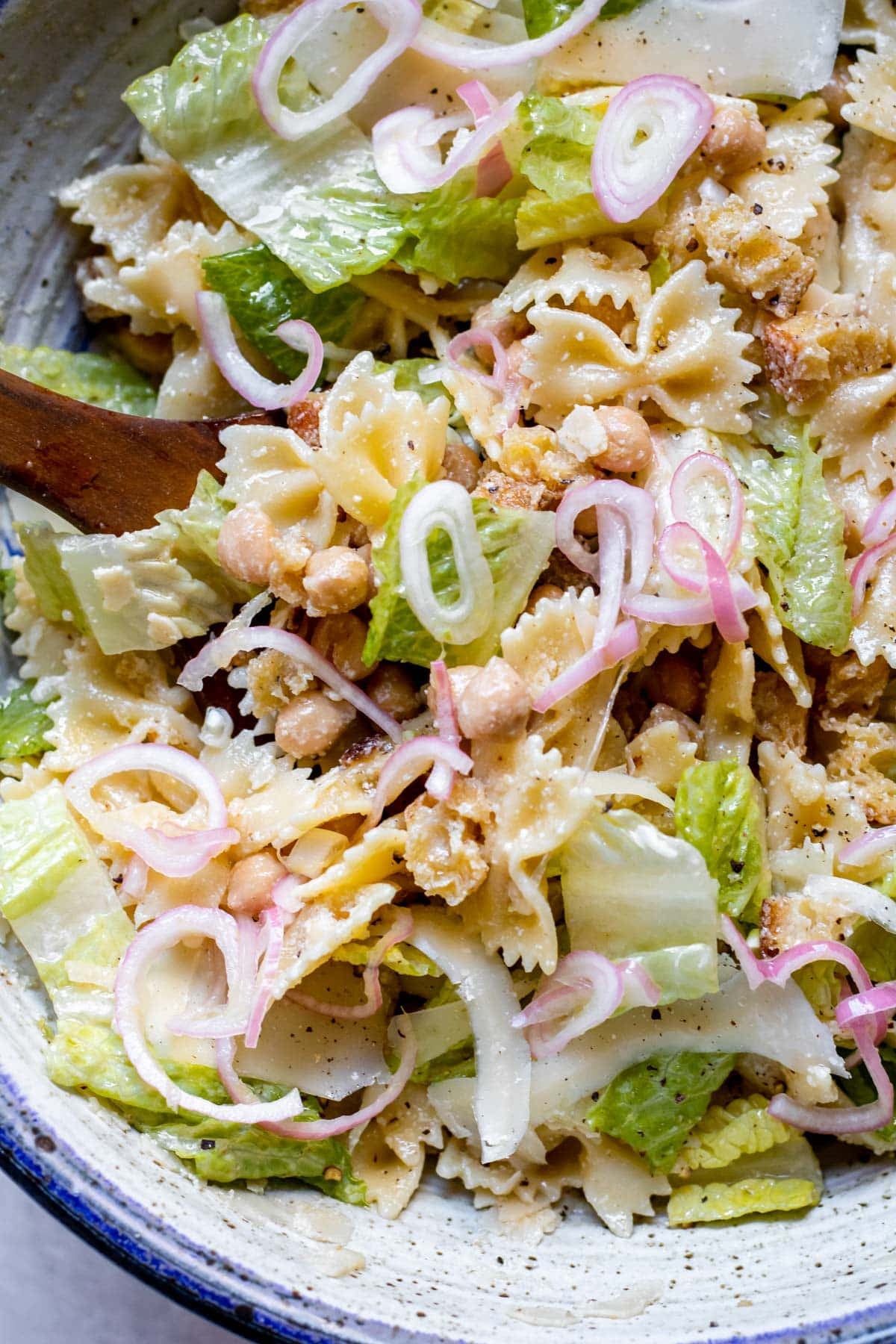 close up of Chickpea Caesar Pasta Salad