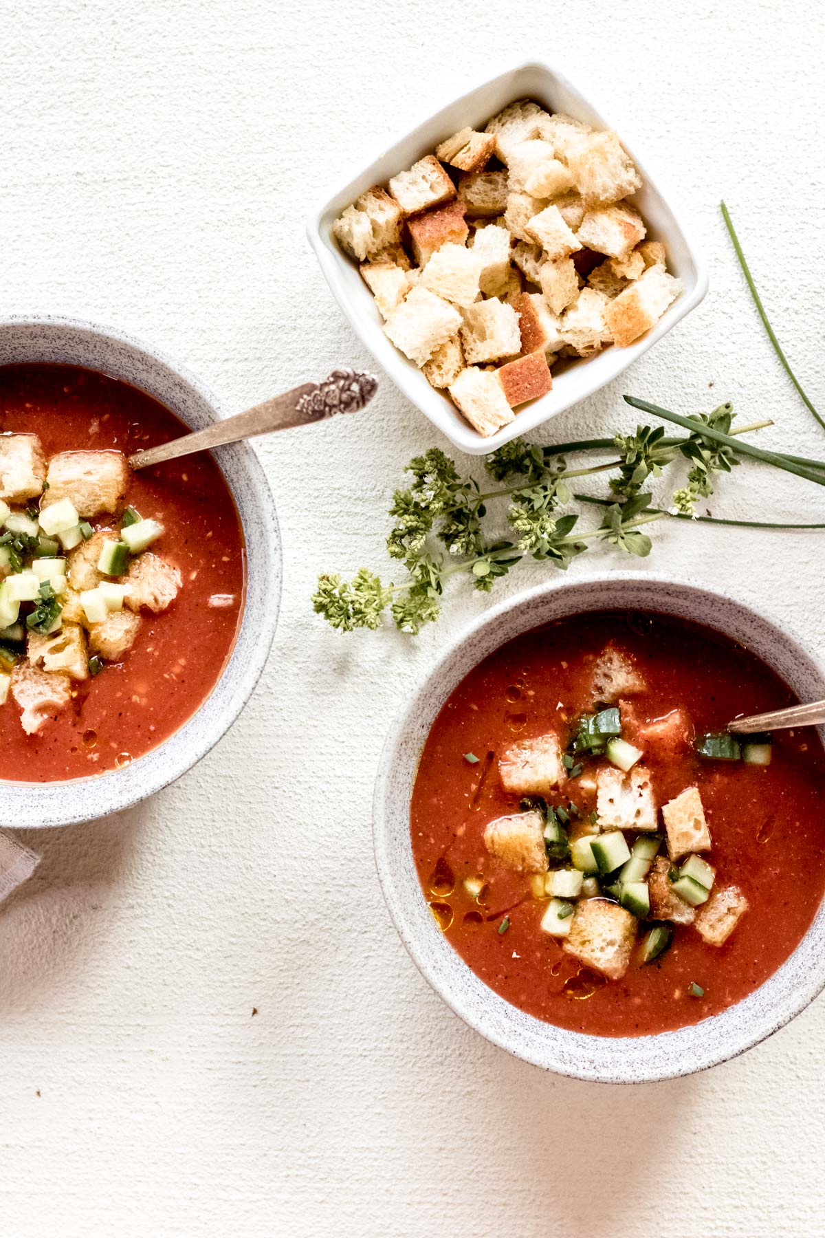 two bowls of Charred Tomato Gazpacho