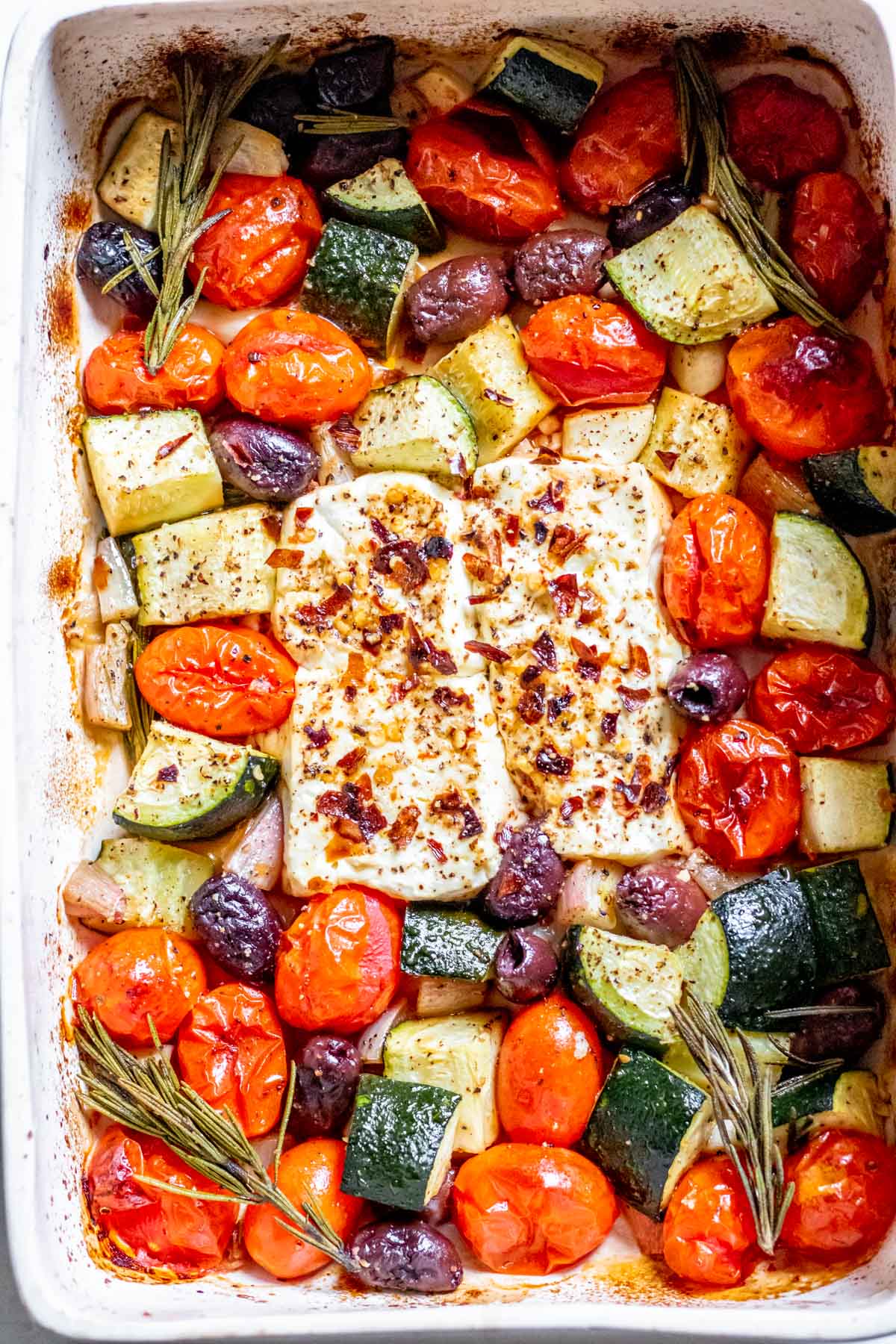 Baked Feta with veggies in a baking dish