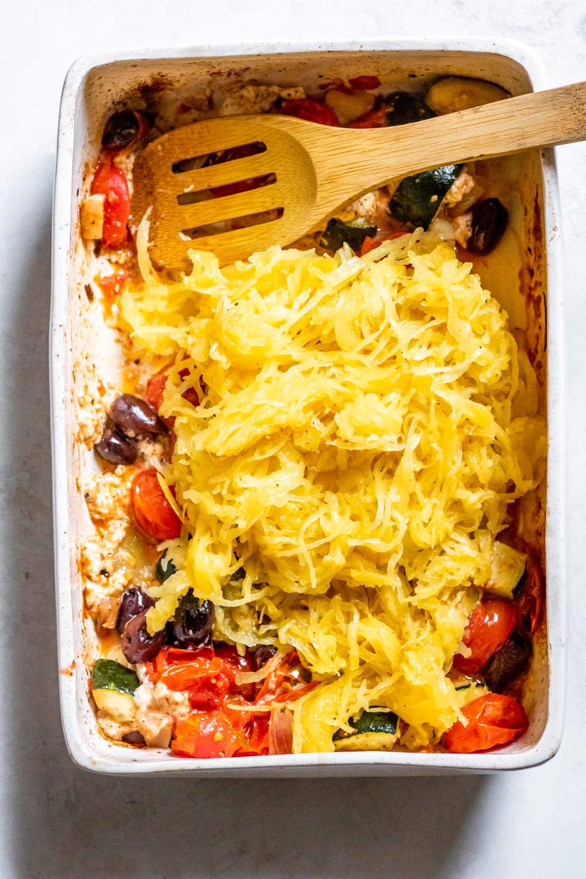 spaghetti squash added to the pan