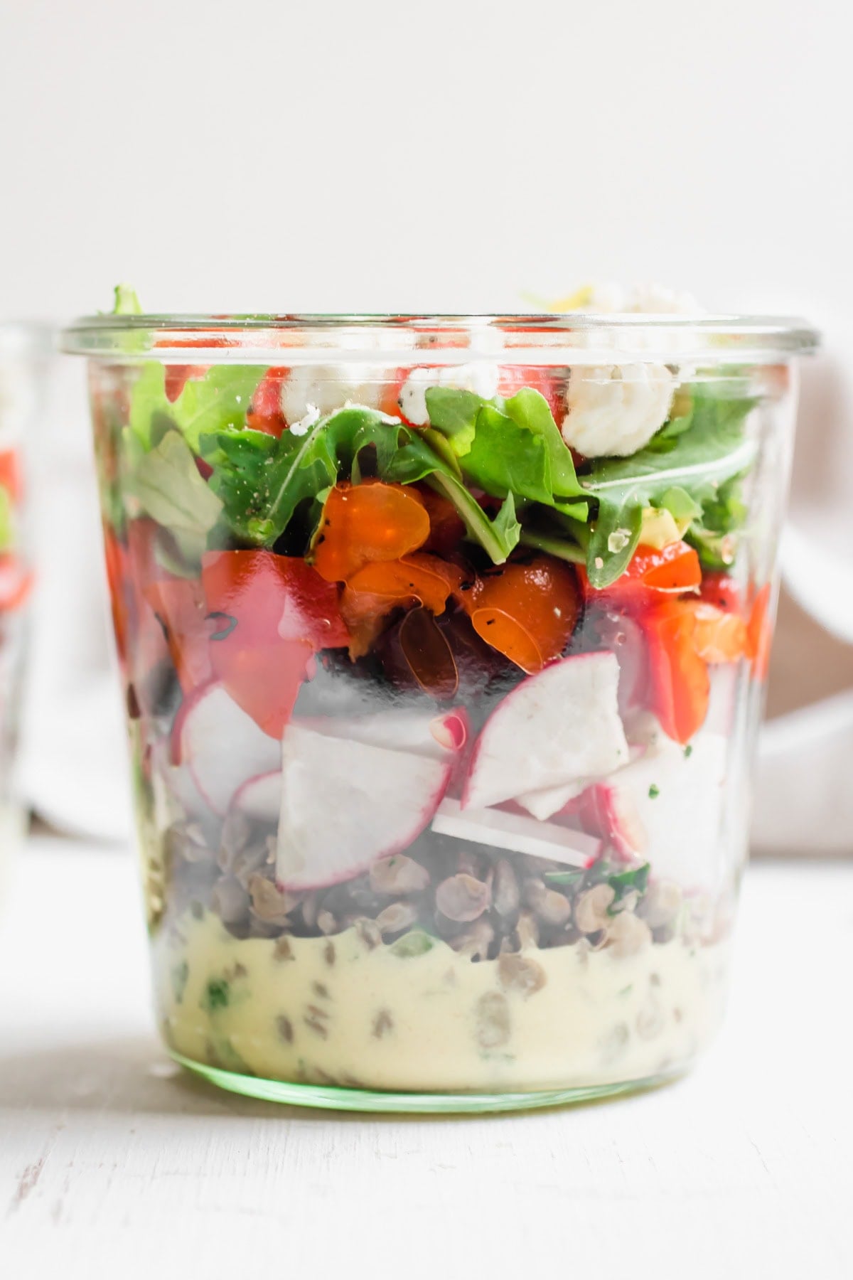 close up of greek lentil jar salad