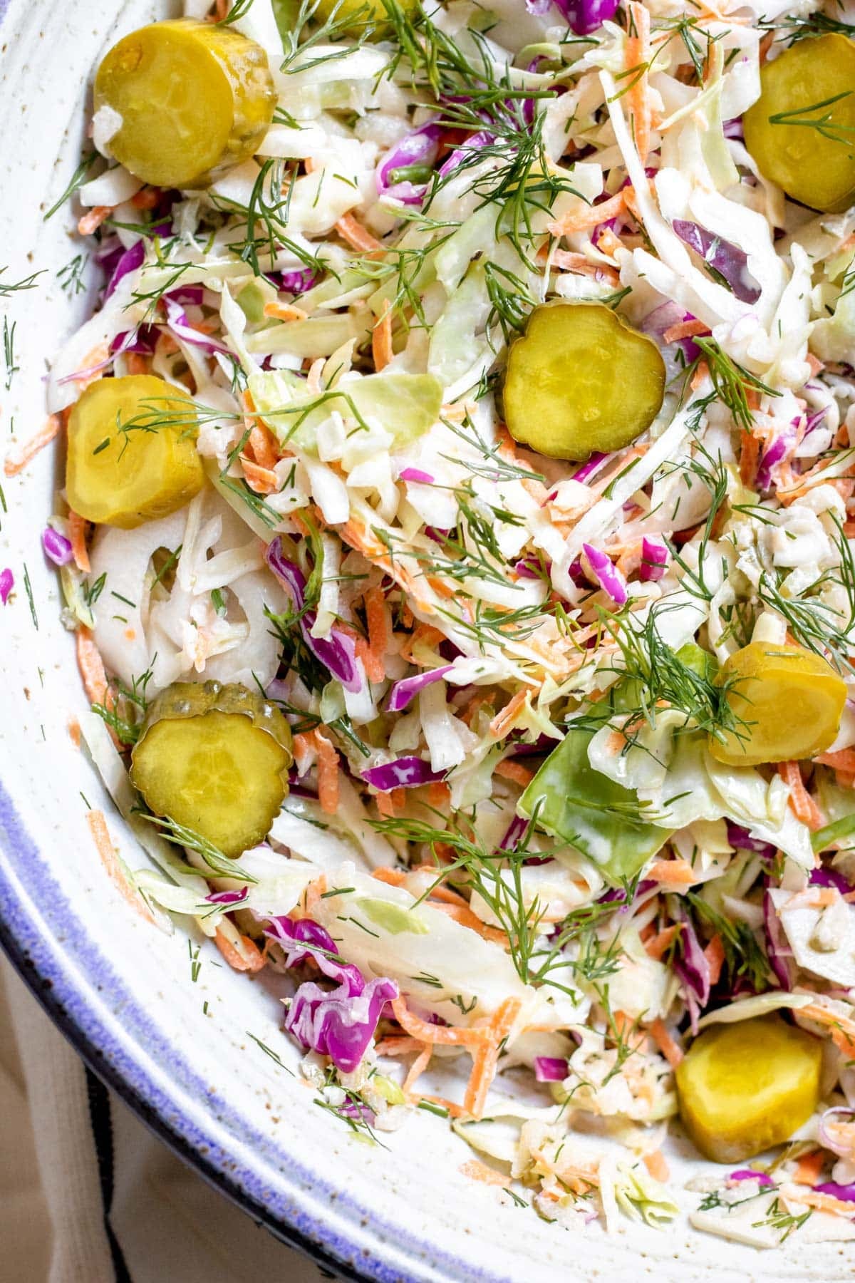 close up of pickle coleslaw in a bowl
