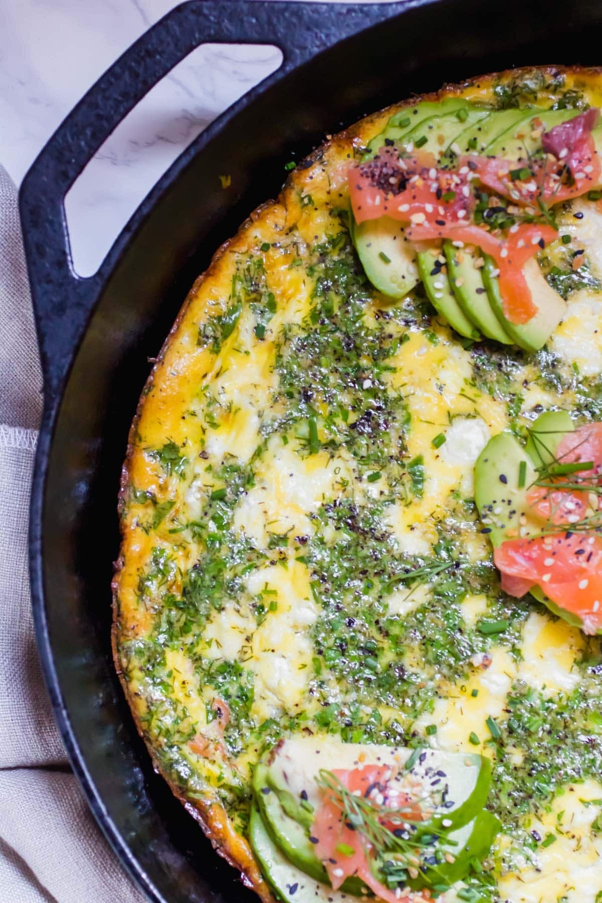 smoked salmon frittata in a cast iron pan