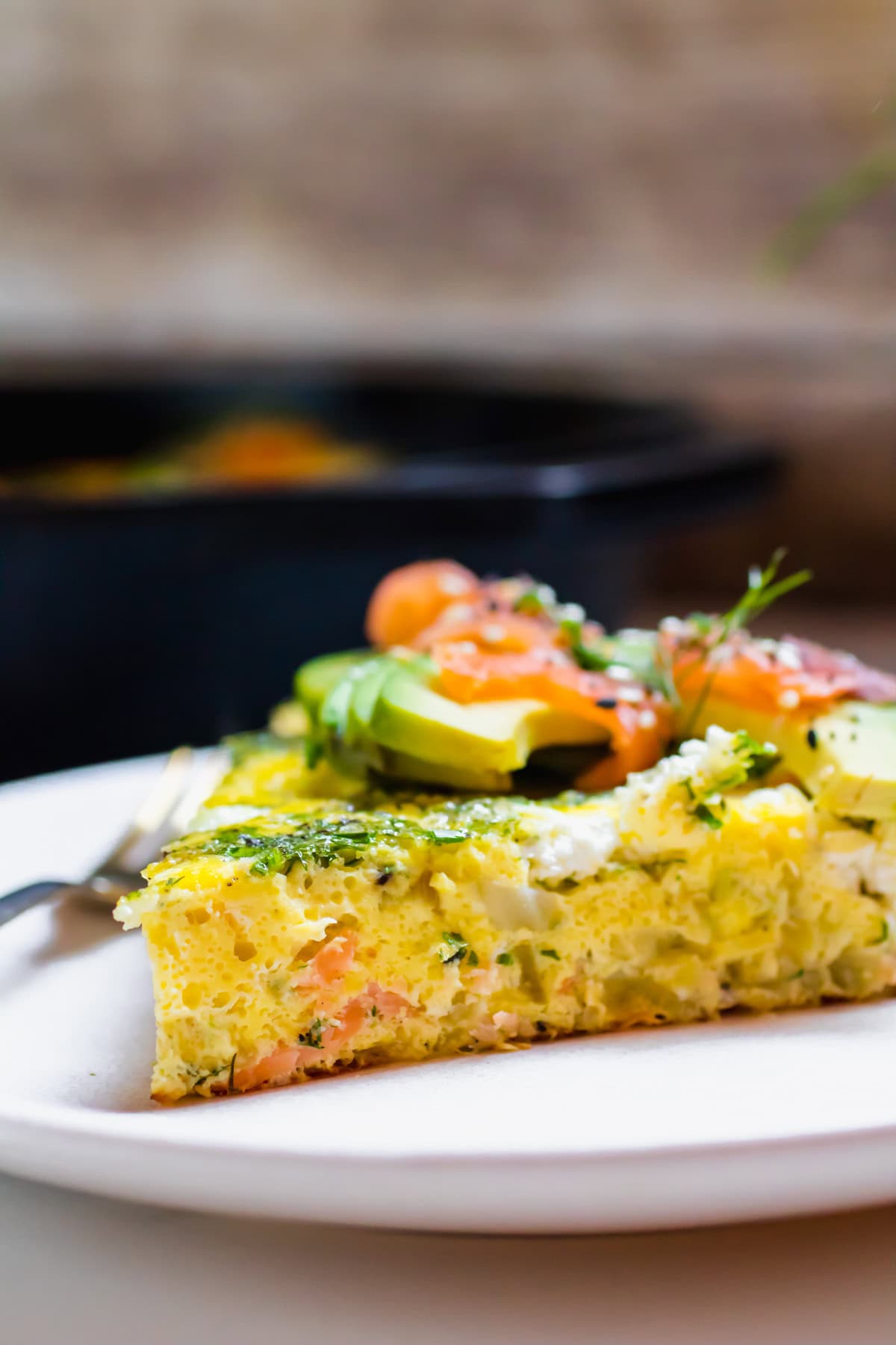 angled view of a slice of Frittata