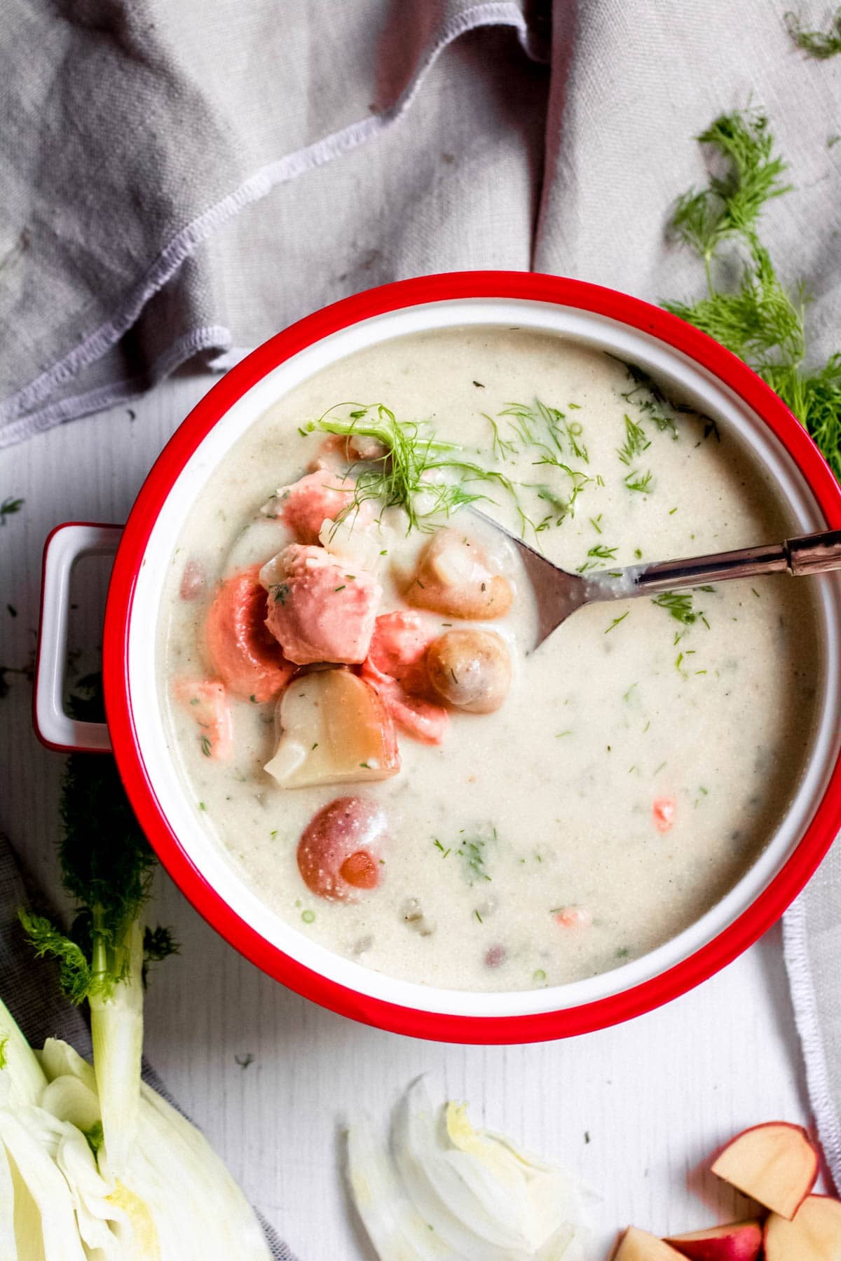 a bowl of salmon chowder