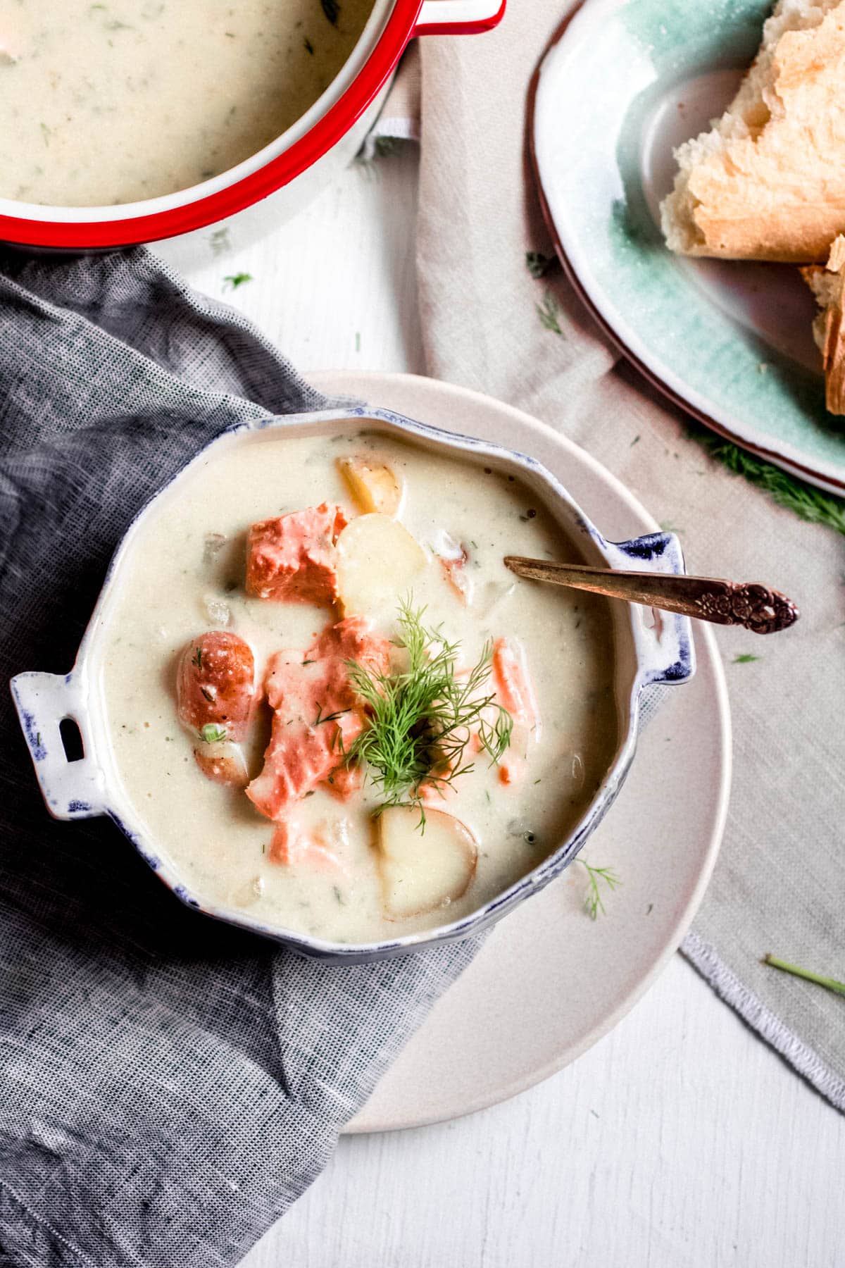 Wild Salmon Chowder with Dill on a table