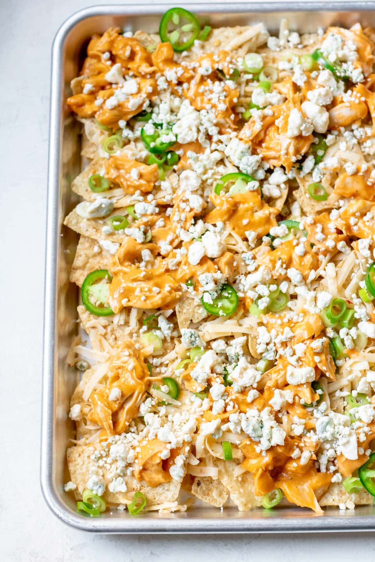 Healthier Buffalo Chicken Sheet Pan Nachos