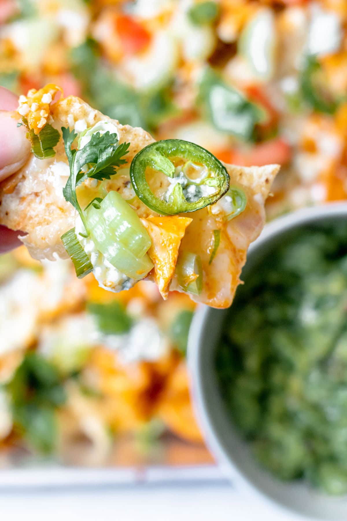 close up of tortilla chip dipped into nachos