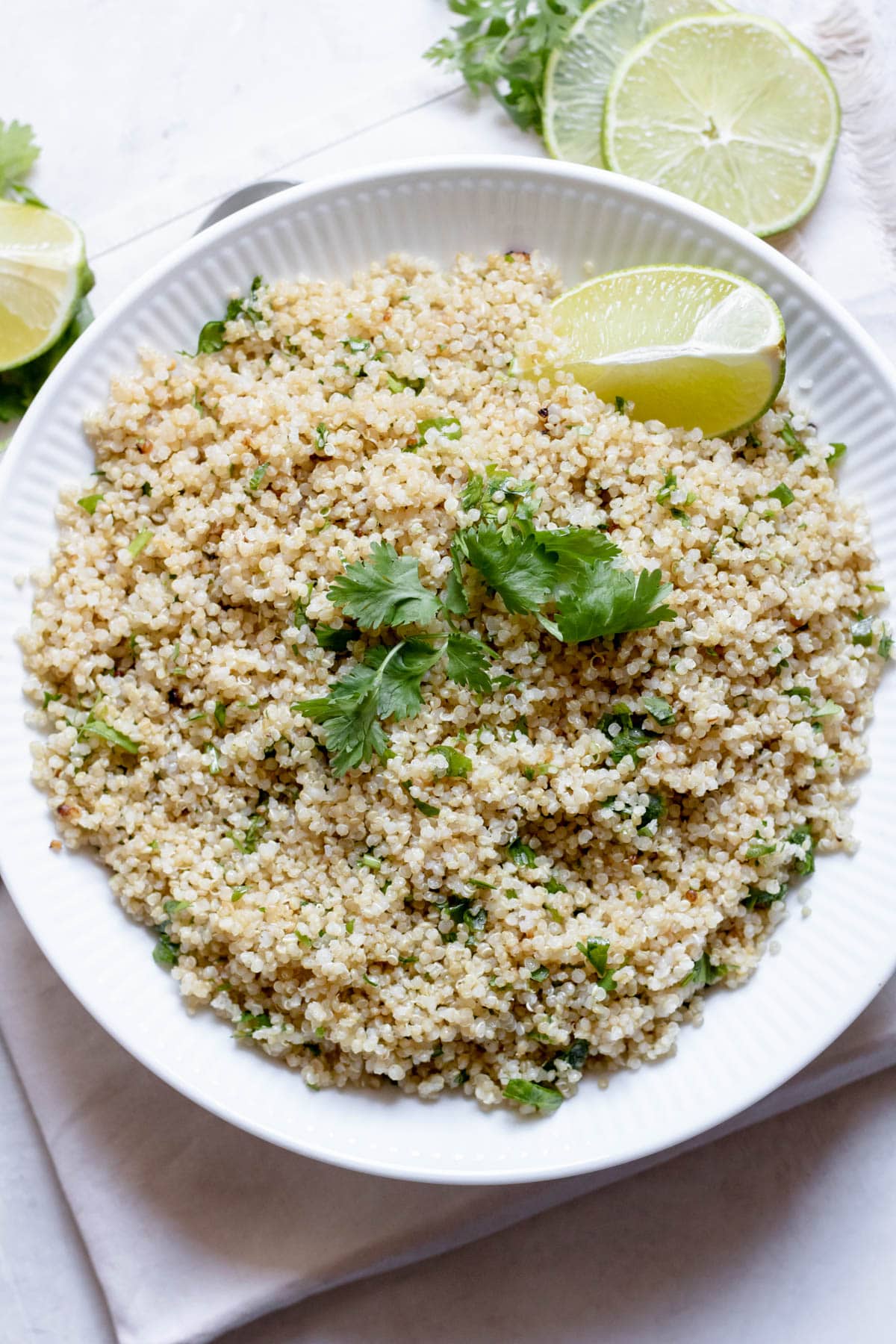 top down view of cilantro lime quinoa in a bowl