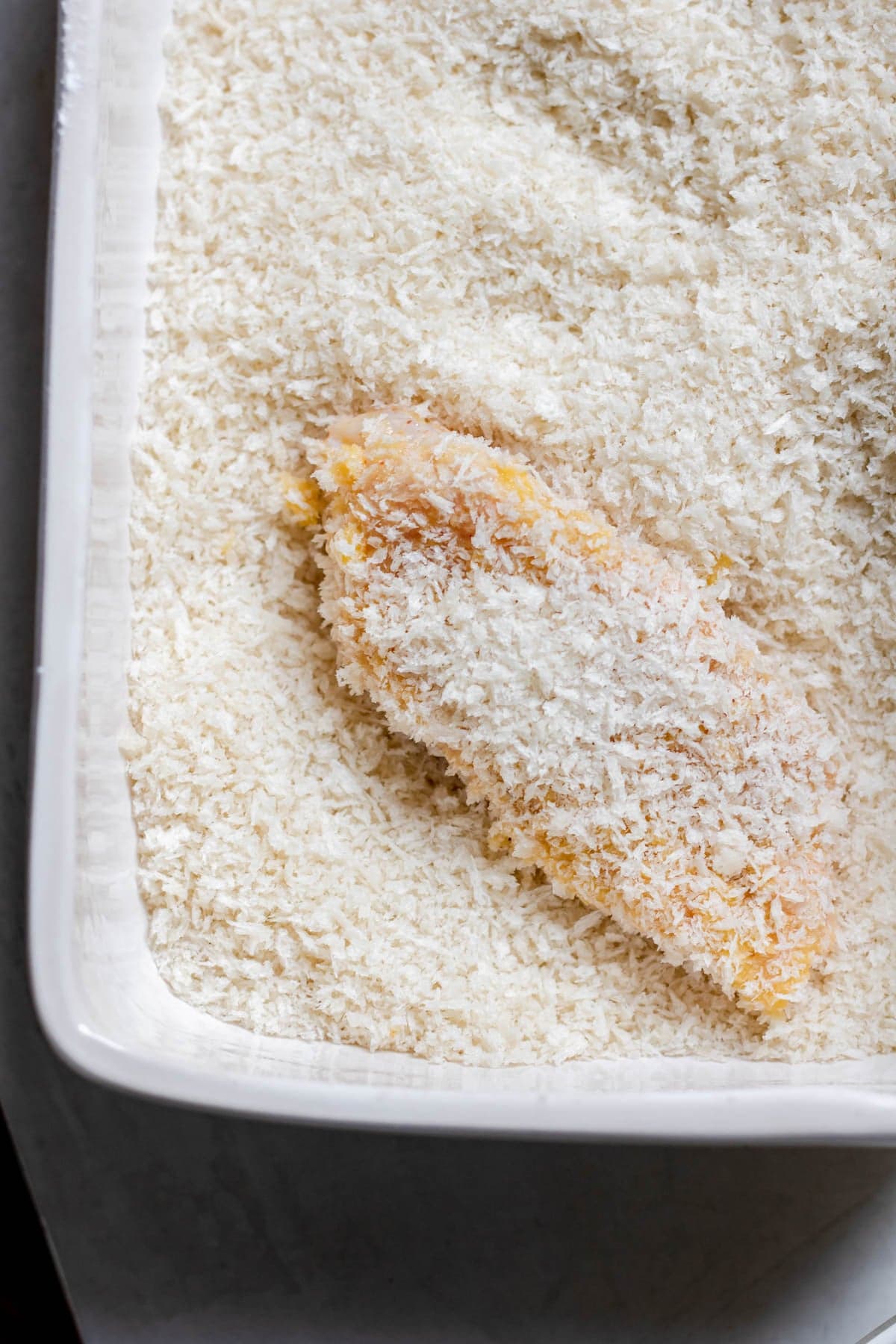 chicken slices covered in panko breadcrumbs