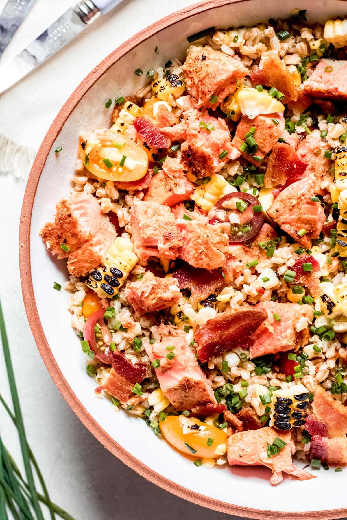 Salmon Farro Salad with Corn and Bacon