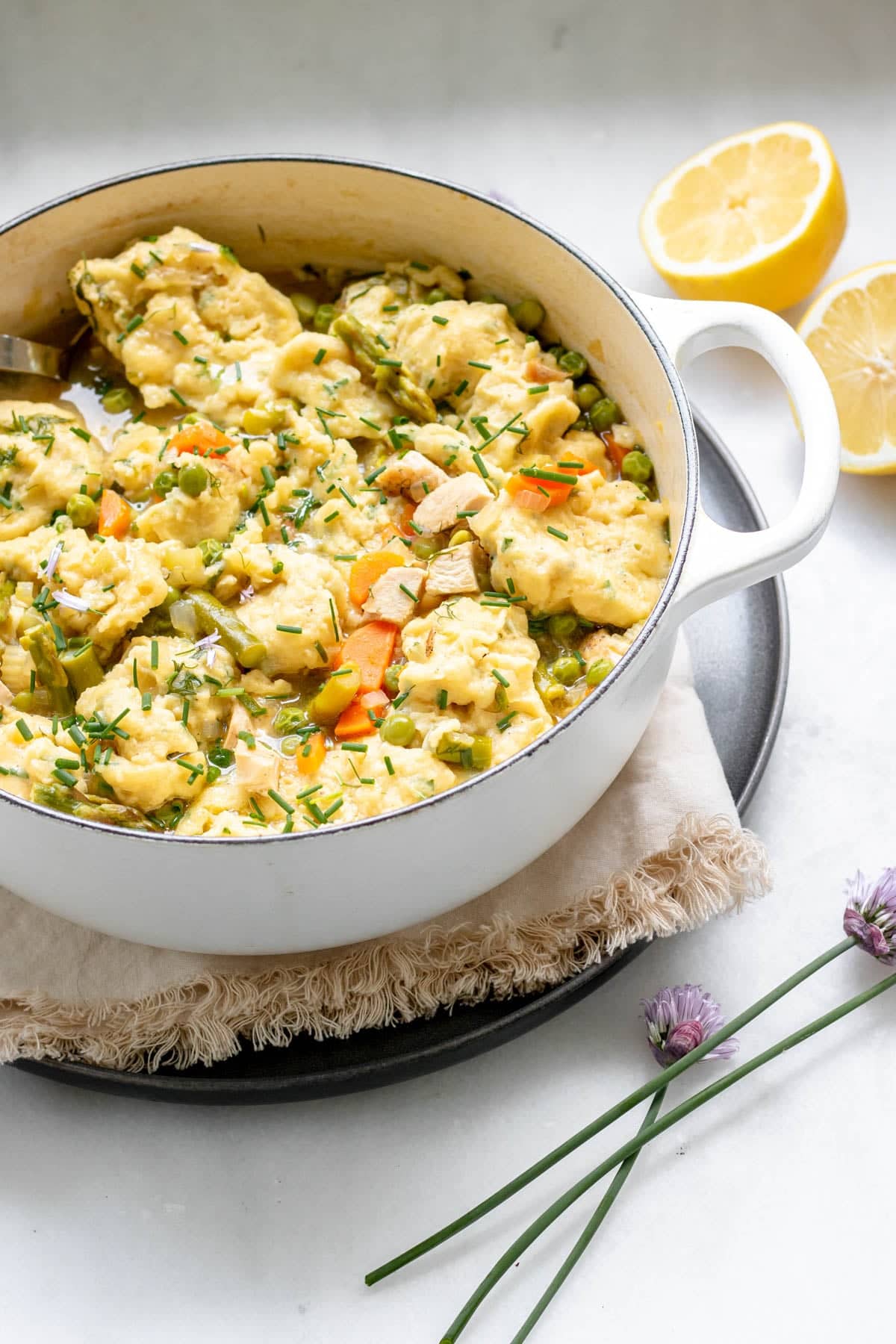 angled view of summer soup in a large pot
