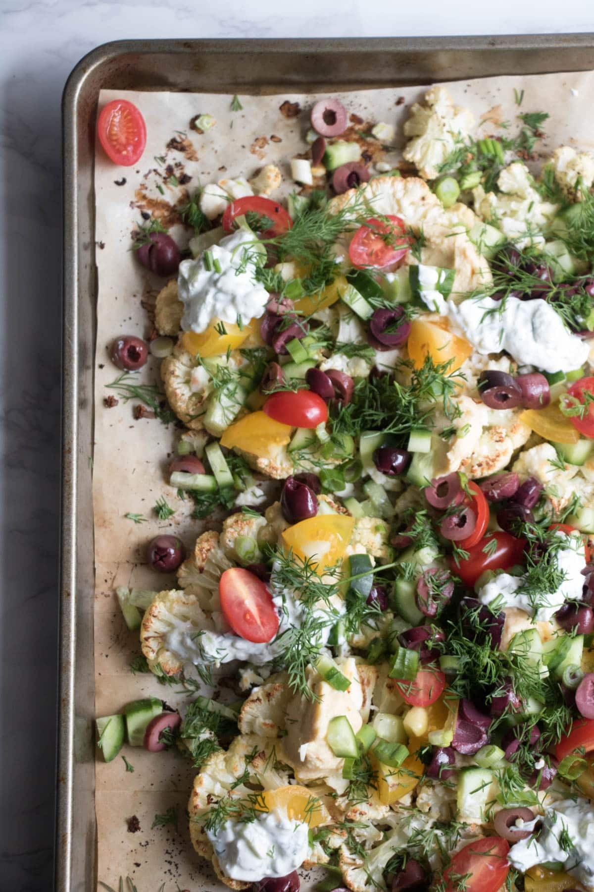 Loaded Mediterranean Cauliflower Nachos