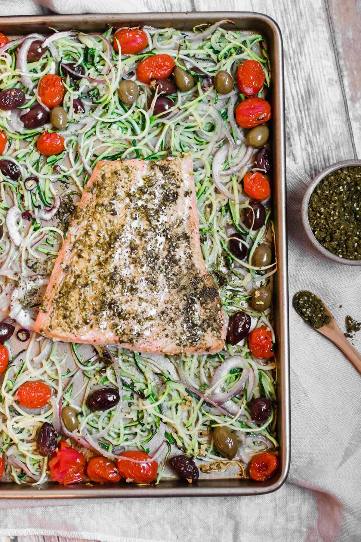 top down view of sheet pan salmon