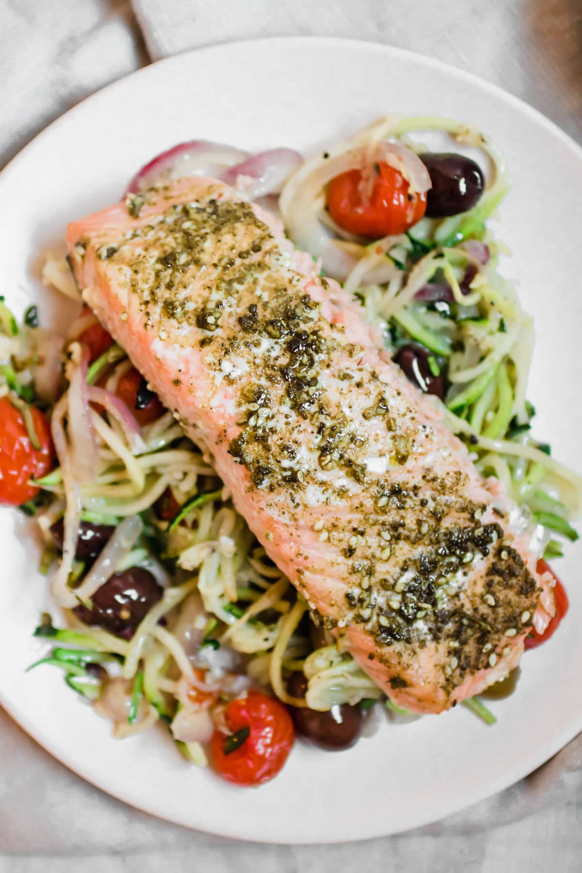 Mediterranean Sheet Pan Salmon with Zucchini Noodles