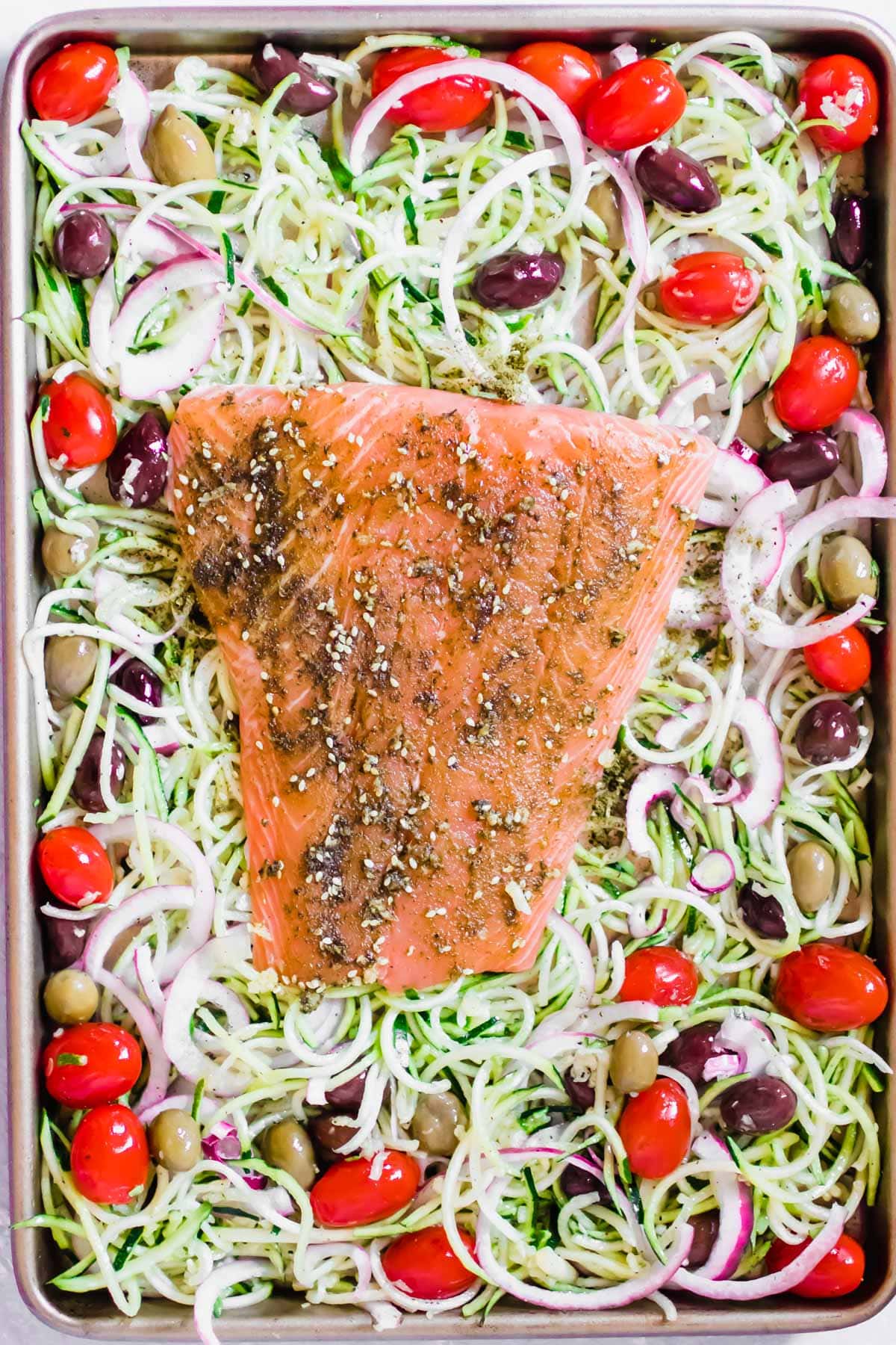 raw ingredients on a sheet pan