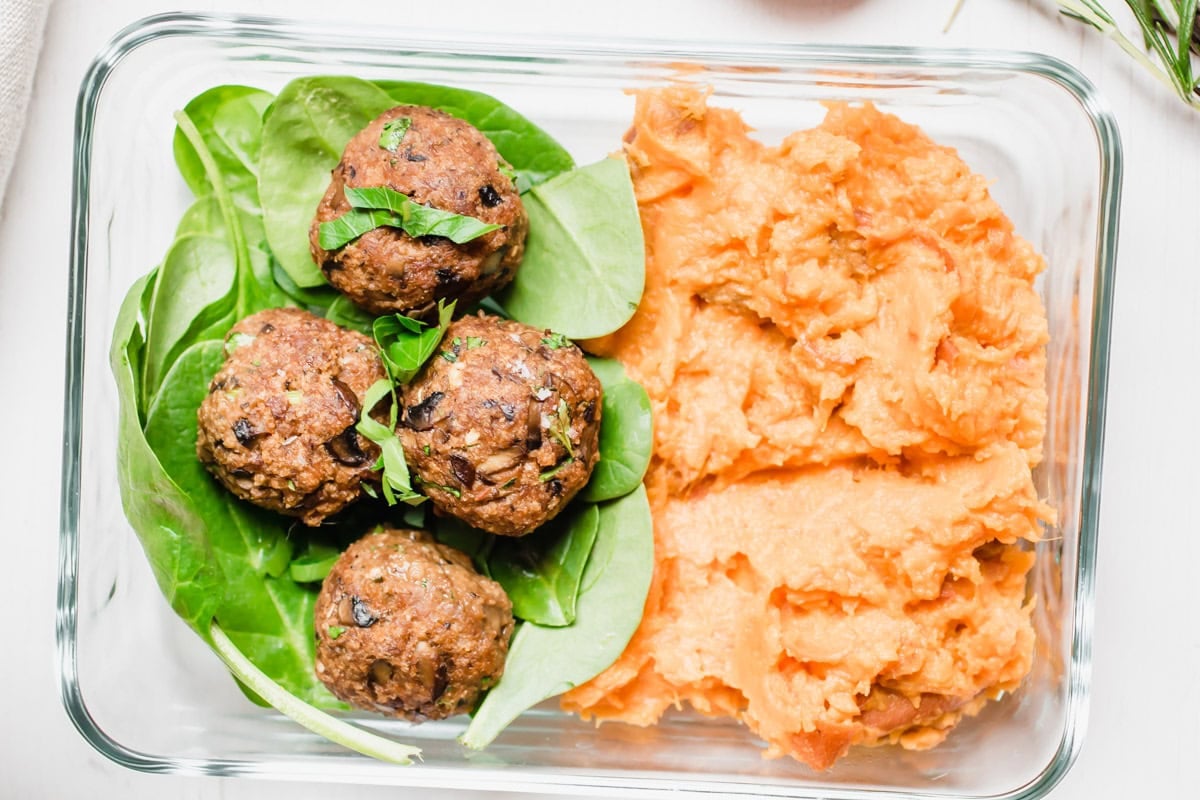mushroom meatballs in meal prep containers