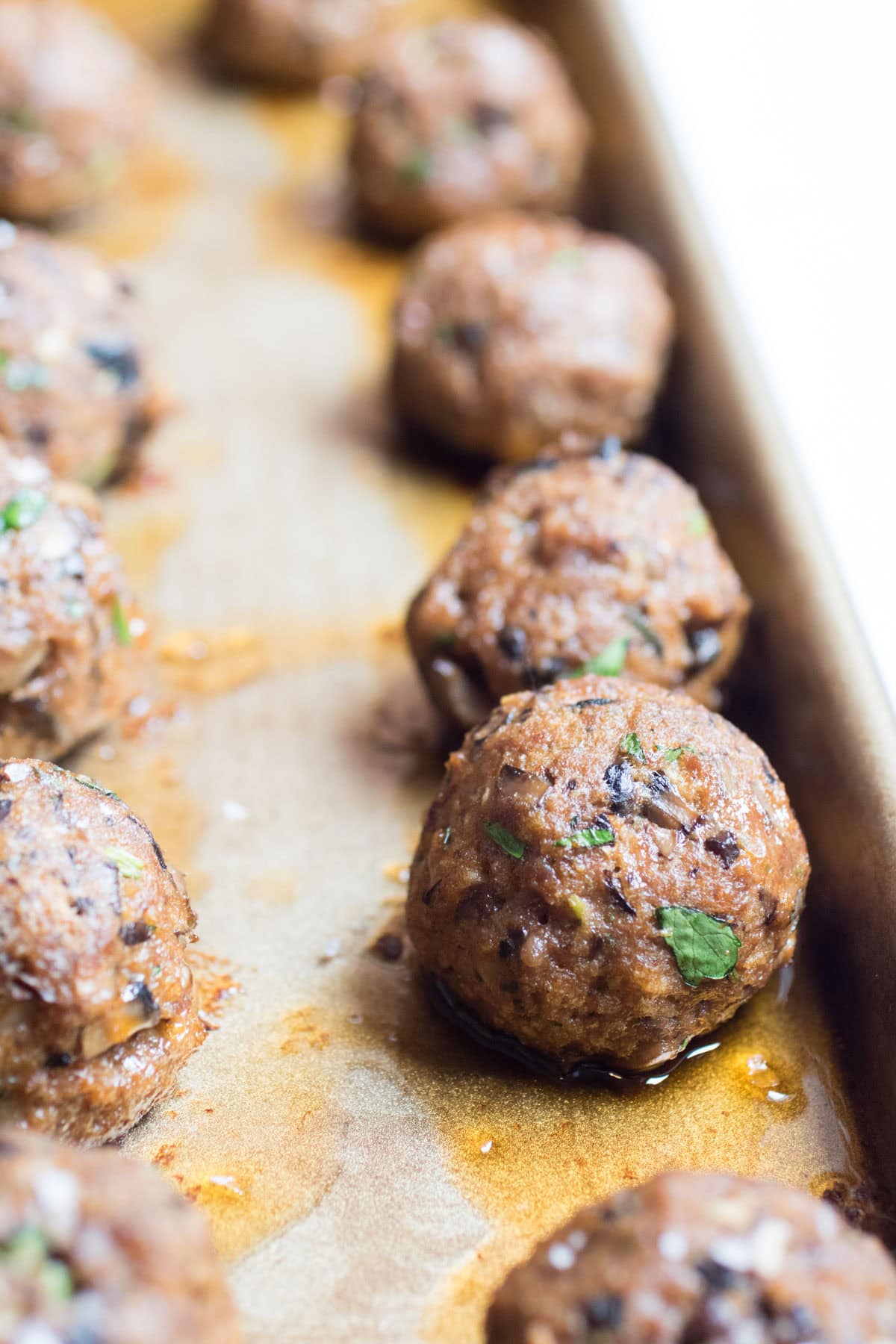 mushroom beef Meatballs on a baking tray