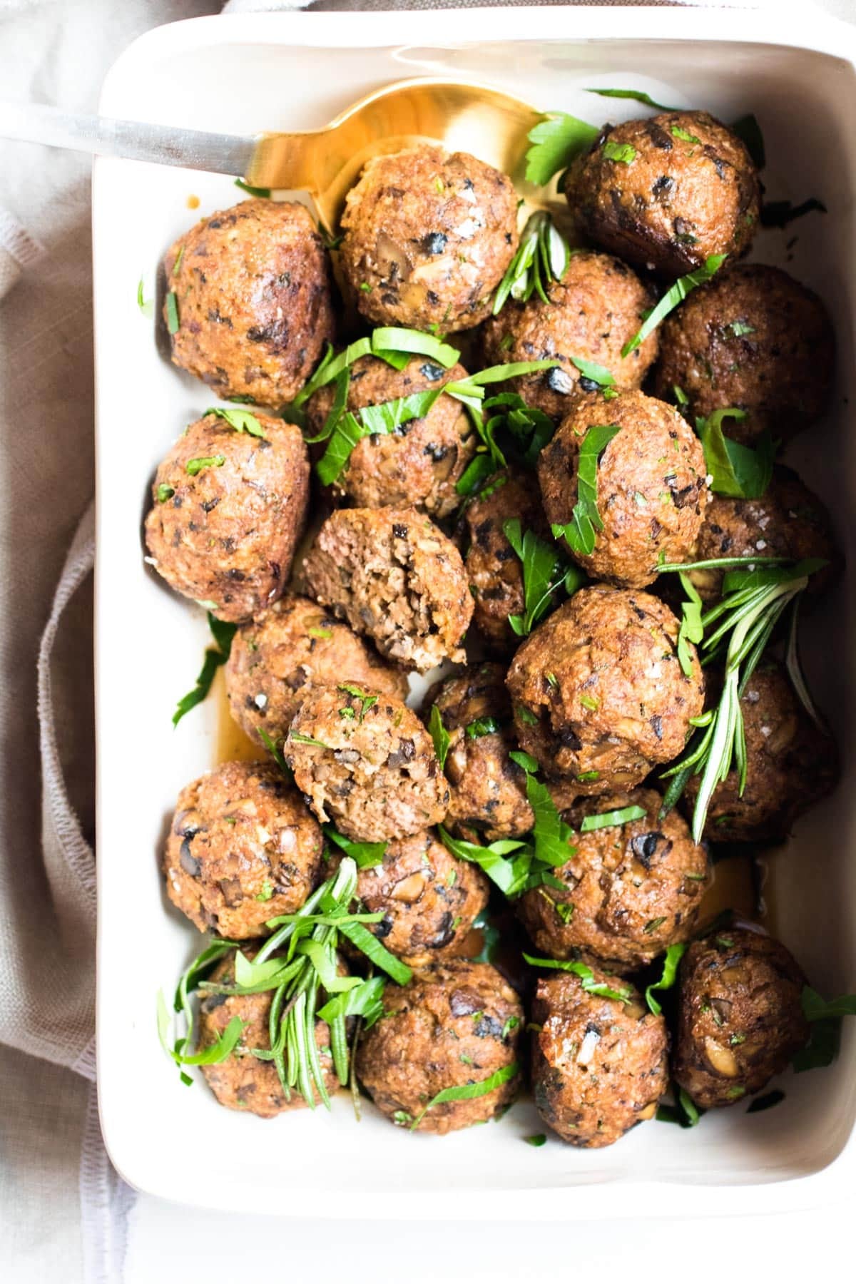 Wild Mushroom and Beef Meatballs in an oven dish