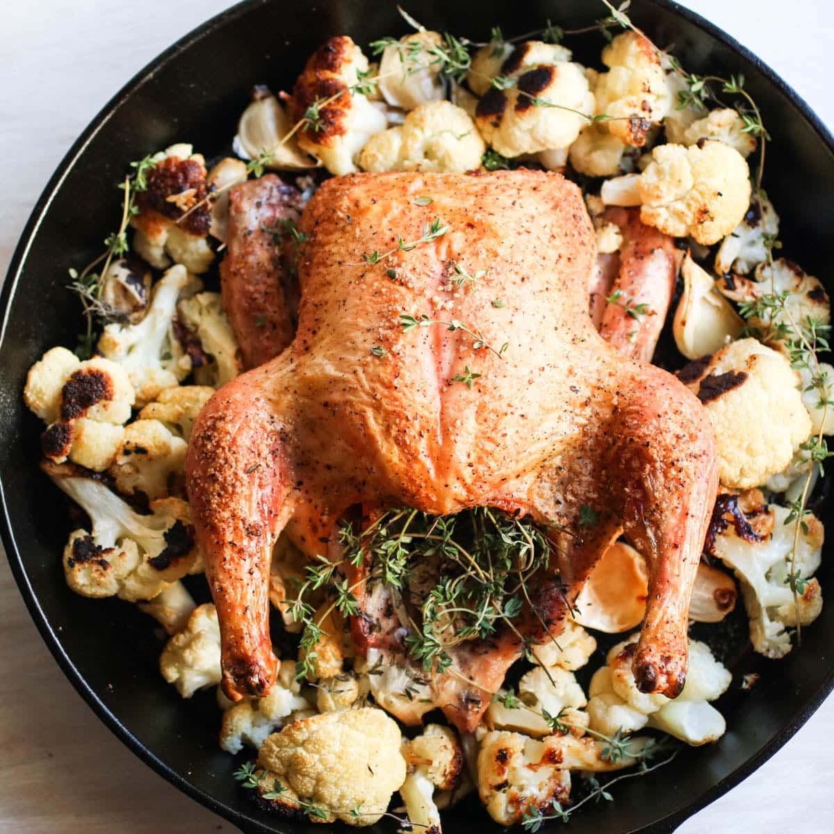 Easy Garlic Thyme Roast Chicken with Cauliflower