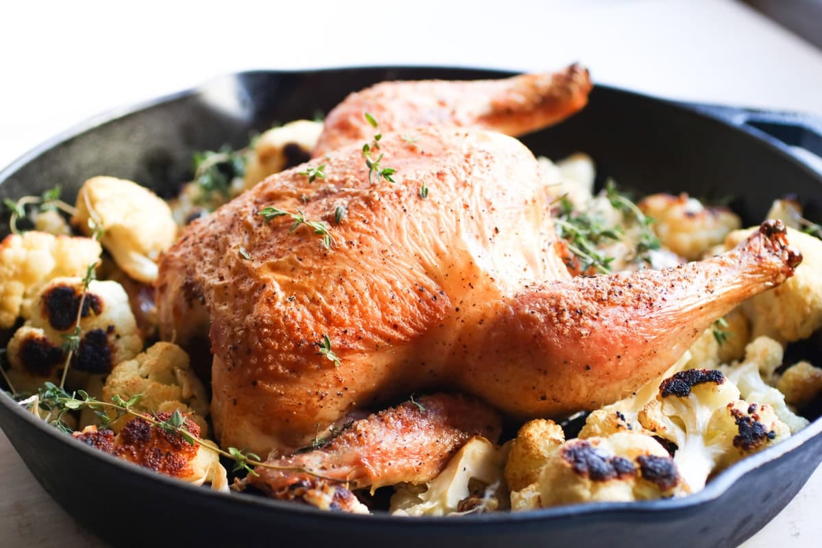 Easy Garlic Thyme Roast Chicken with Cauliflower