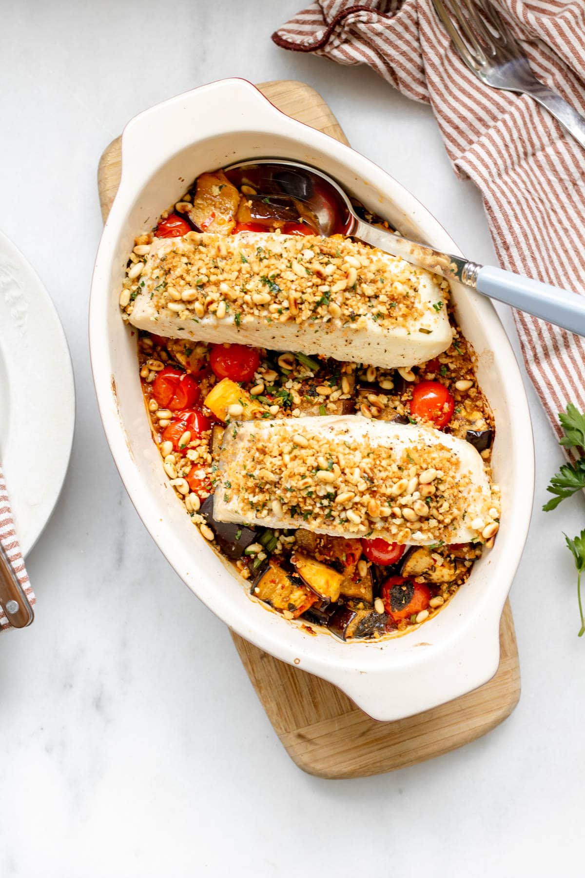 top down view of halibut and roasted veggies