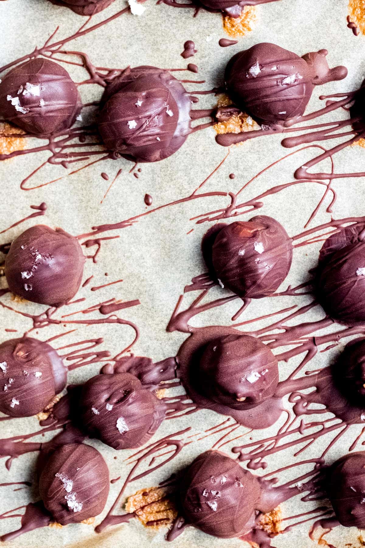 chocolate drizzled on Salted Chocolate Tahini Date Truffles