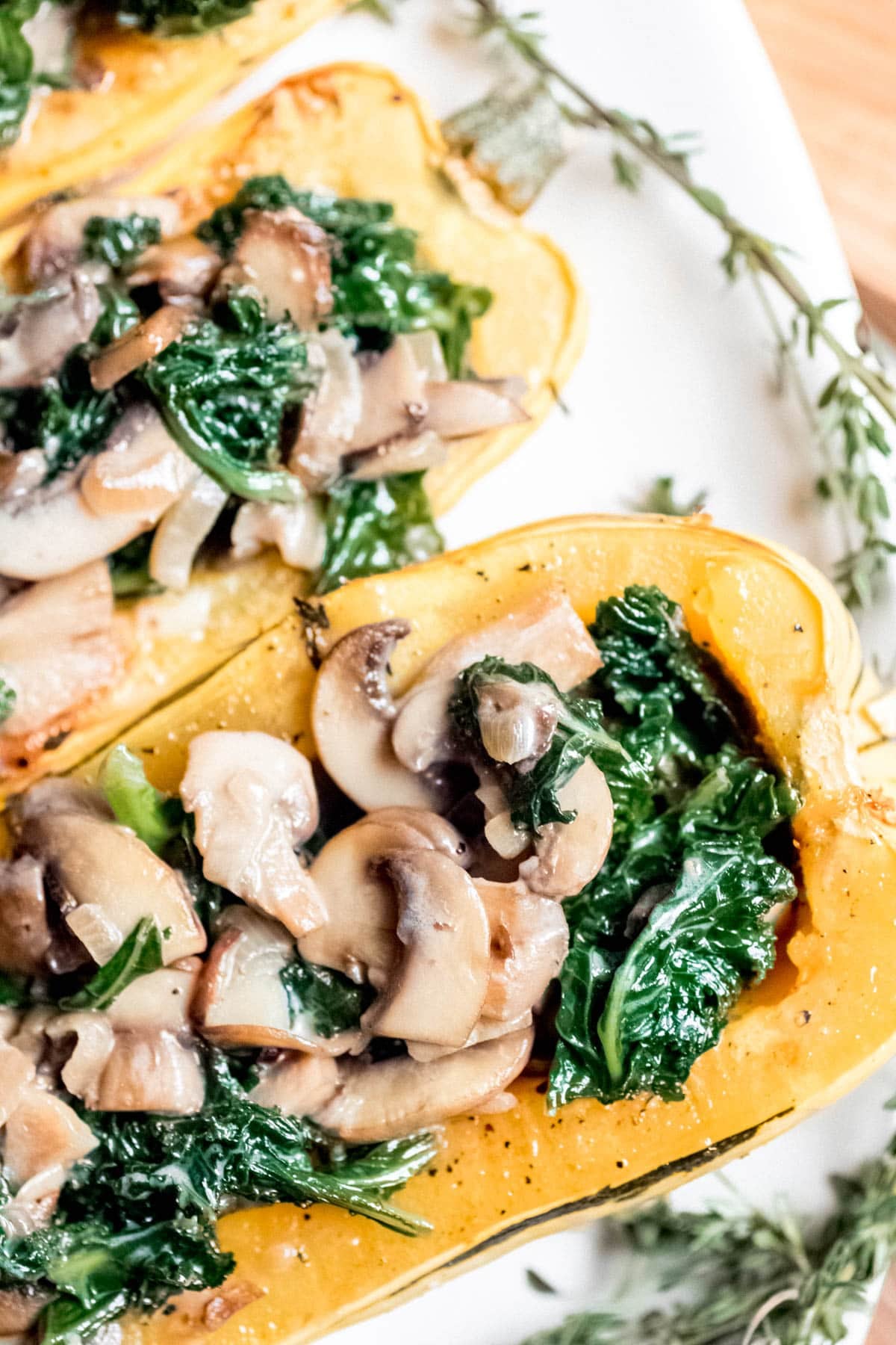 Kale and Mushroom Stuffed Delicata Squash halves