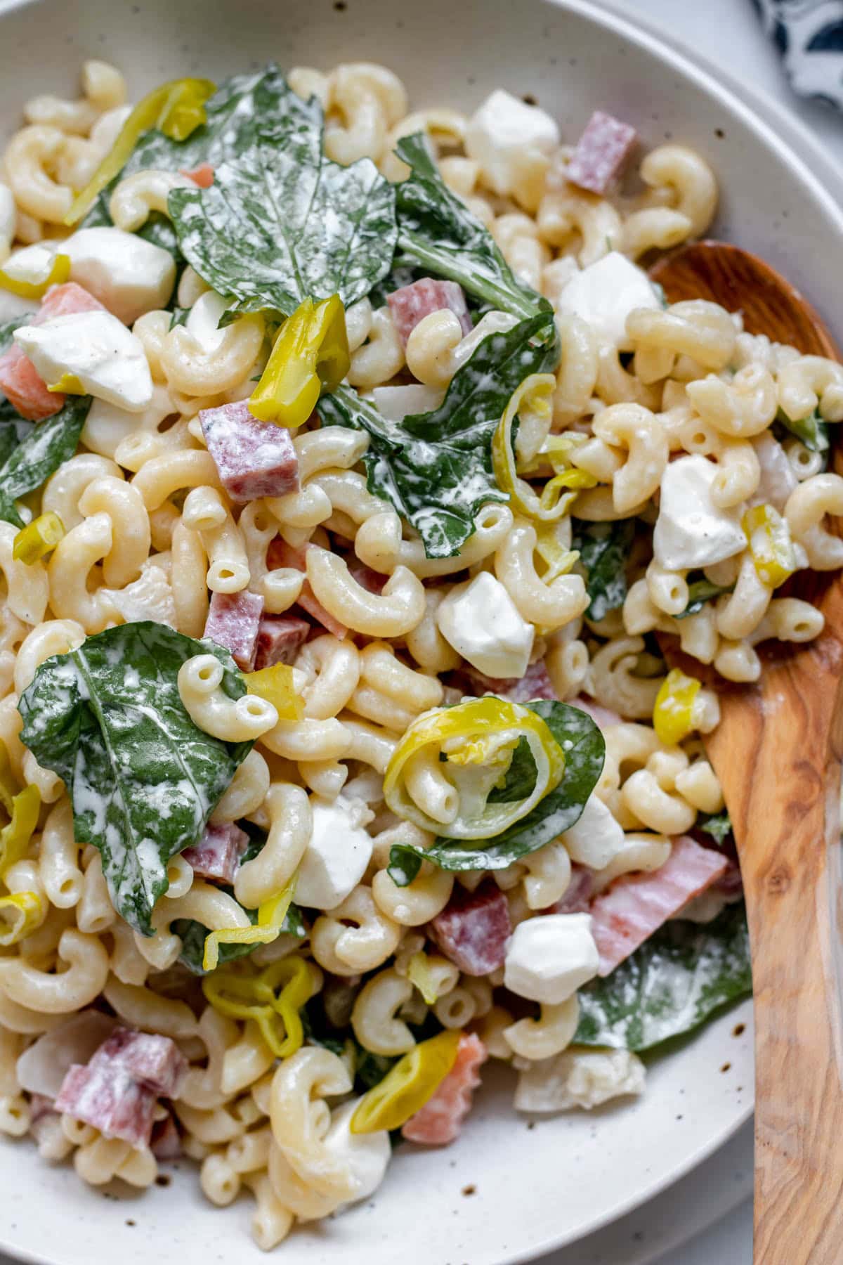 close up of Creamy Italian Pasta Salad with Giardiniera in a bowl