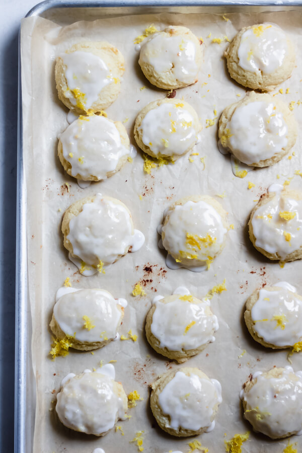 Lemon Cream Cheese Cookies with Almond Flour on a sheet tray