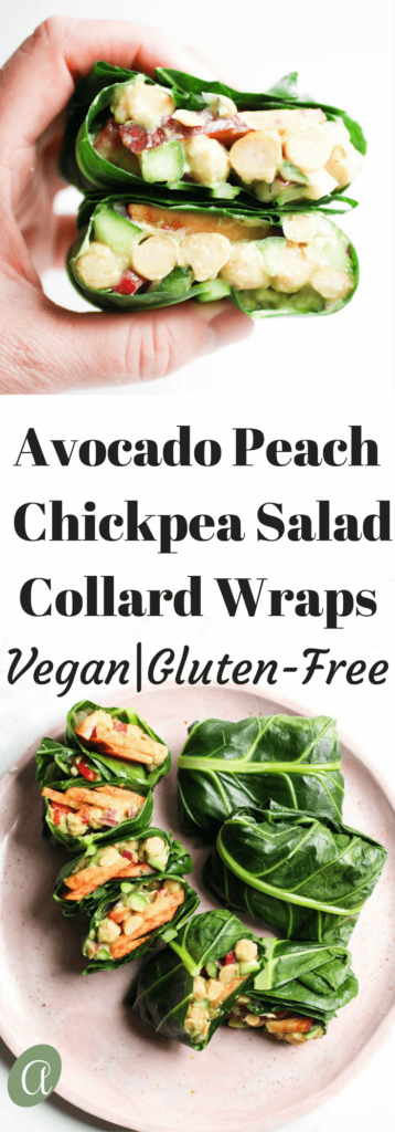 Avocado peach chickpea salad collard green wraps, a quick and healthy lunch that is dairy free, vegan, and gluten free. Woohoo!