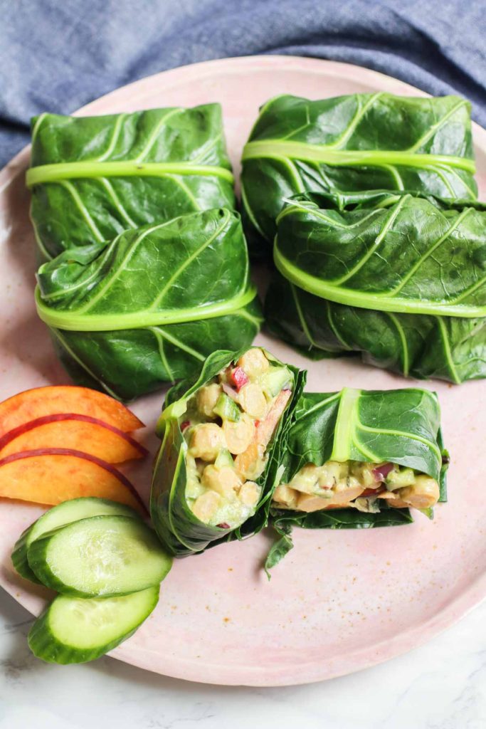 Avocado Peach Chickpea Salad Collard Wraps, superbly healthy and super easy lunch. Vegan, gluten free, seasonal and yummy!