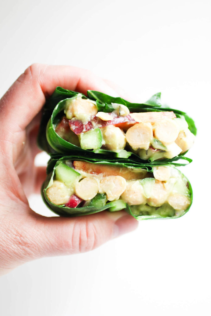 Avocado Peach Chickpea Salad Collard Wraps, superbly healthy and super easy lunch. Vegan, gluten free, seasonal and yummy!