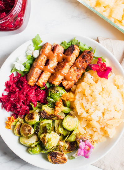Buttery mashed rutabaga and turnips topped with easy BBQ tempeh, roasted Brussels sprouts, and a sweet and spicy beet relish. This vegan meal prep lunch will have your taste buds doing the happy dance!