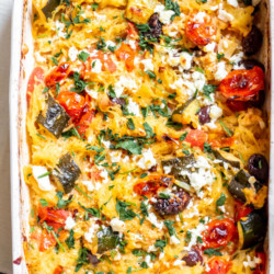 close up of Baked Feta and Olive Spaghetti Squash on a spoon
