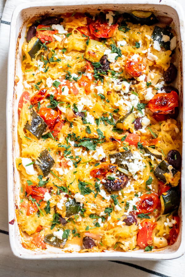 close up of Baked Feta and Olive Spaghetti Squash on a spoon