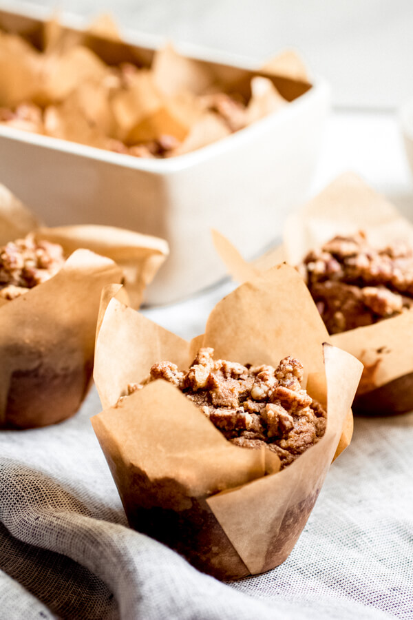 Healthy Banana Bread Muffins with Pecan Streusel Topping