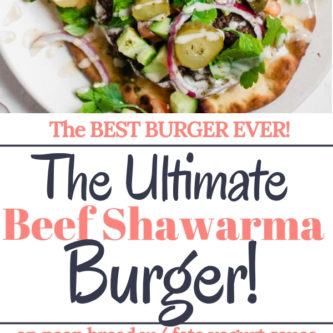 Shawarma spiced grass-fed beef burger grilled to perfection and layered on toasted naan bread with a yogurt feta cheese sauce, and a ton of veggie toppings. Epic is the most accurate word to describe this burger experience :-)