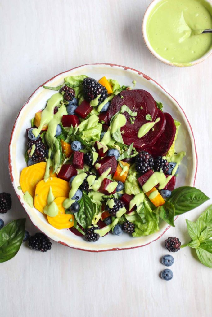 The freshest seasonal ingredients create a beet salad with berries and an avocado basil vinaigrette. Vegan, gluten free, paleo, Whole30. |abraskitchen.com