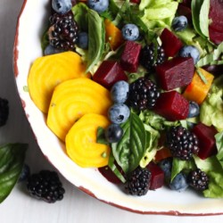 The freshest seasonal ingredients create a beet salad with berries and avocado basil vinaigrette. Vegan, gluten free, paleo, Whole30. |abraskitchen.com
