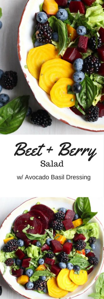 The freshest seasonal ingredients create a beet salad with berries and an avocado basil vinaigrette. Vegan, gluten free, paleo, Whole30. |abraskitchen.com