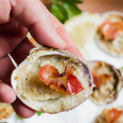 The easiest clams casino recipe using only 5 ingredients and one sheet pan. The perfect elegant appetizer to serve at a party or a quick light meal for a busy weeknight. 