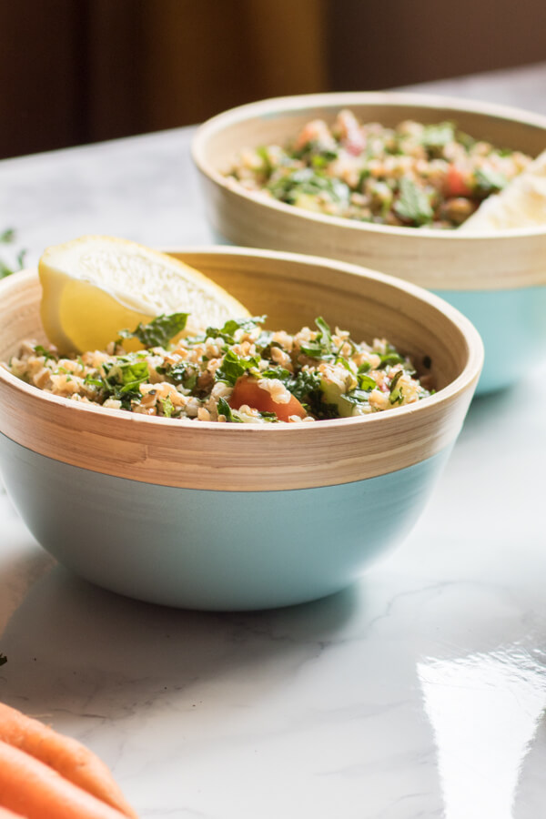 A light refreshing salad filled with fresh herbs, veggies, and heart healthy bulgur. Carrot top tabouli is my favorite summer lunch. Vegan, Plant Strong! |abraskitchen.com