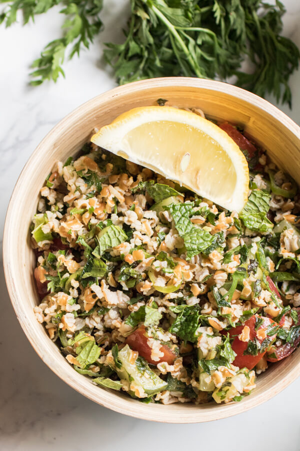 A light refreshing salad filled with fresh herbs, veggies, and heart healthy bulgur. Carrot top tabouli is my favorite summer lunch. Vegan, Plant Strong! |abraskitchen.com