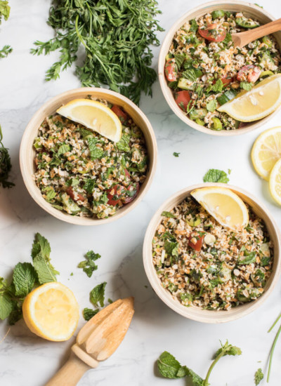 A light refreshing salad filled with fresh herbs and veggies, and heart healthy bulgur. Carrot top tabouli is my favorite summer lunch. Vegan, Plant Strong! |abraskitchen.com