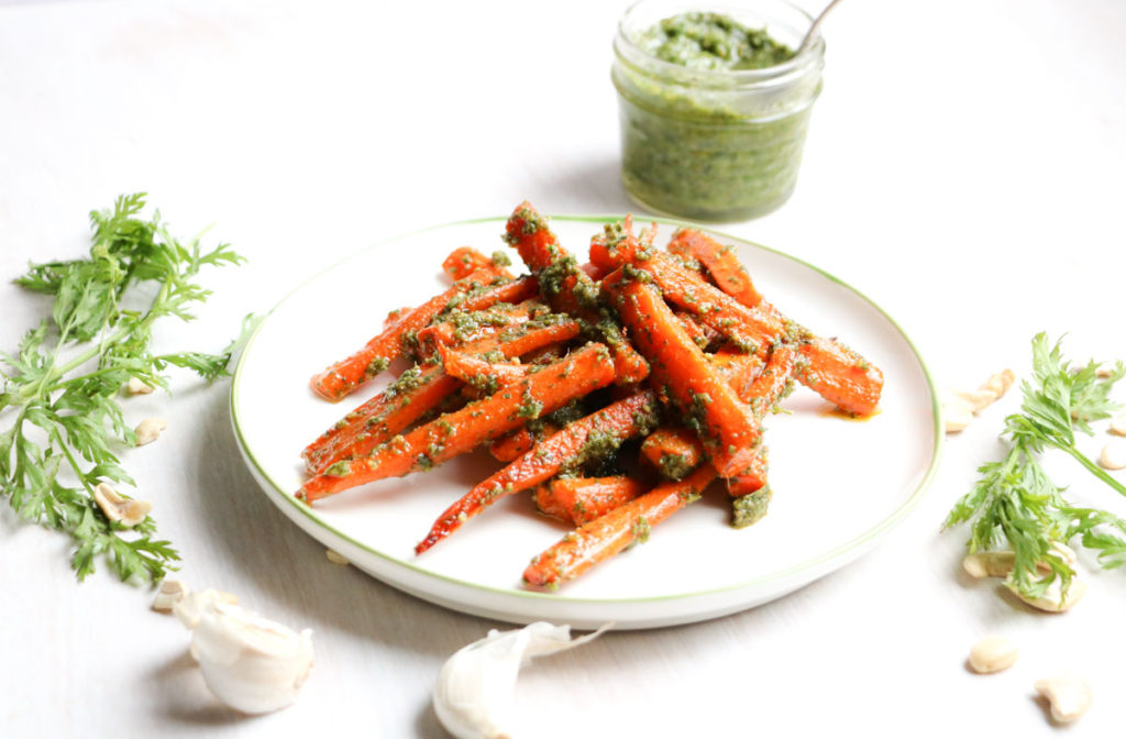 Cashew Carrot Top Pesto with Roasted Carrots. Once you taste a carrot top you will never throw it away again! Gluten free, Healthy, Nutritious |abraskitchen.com