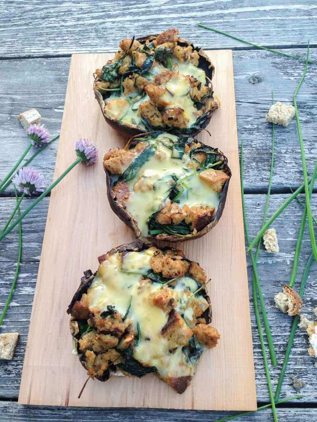 Grilled Cheesy Kale Stuffed Mushrooms, using a cedar plank this is your new favorite summer vegetarian grill recipe!